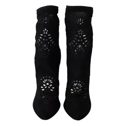 Dolce & Gabbana Black Stretch Pumps Boots Floral Lace Shoes LA8944-37