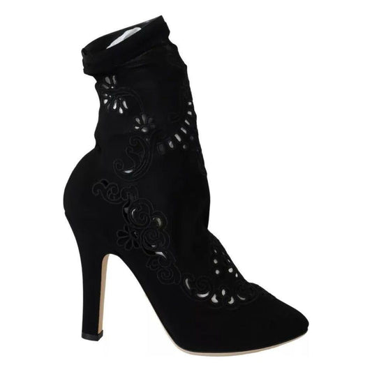 Dolce & Gabbana Black Stretch Pumps Boots Floral Lace Shoes LA8944-37