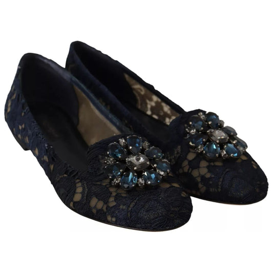 Dolce & Gabbana Blue Crystal Loafer Lace Ballet Flats Shoes LA9343-37