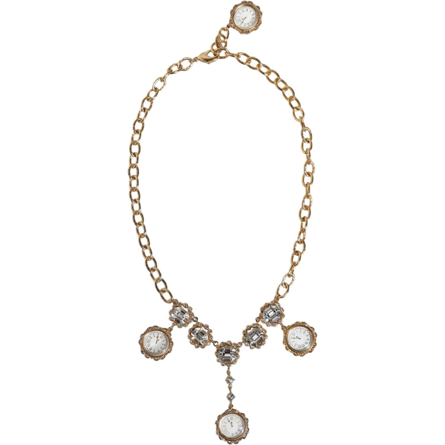 Dolce & Gabbana Gold Chain Brass Crystal Clock Statement Necklace SMY10353