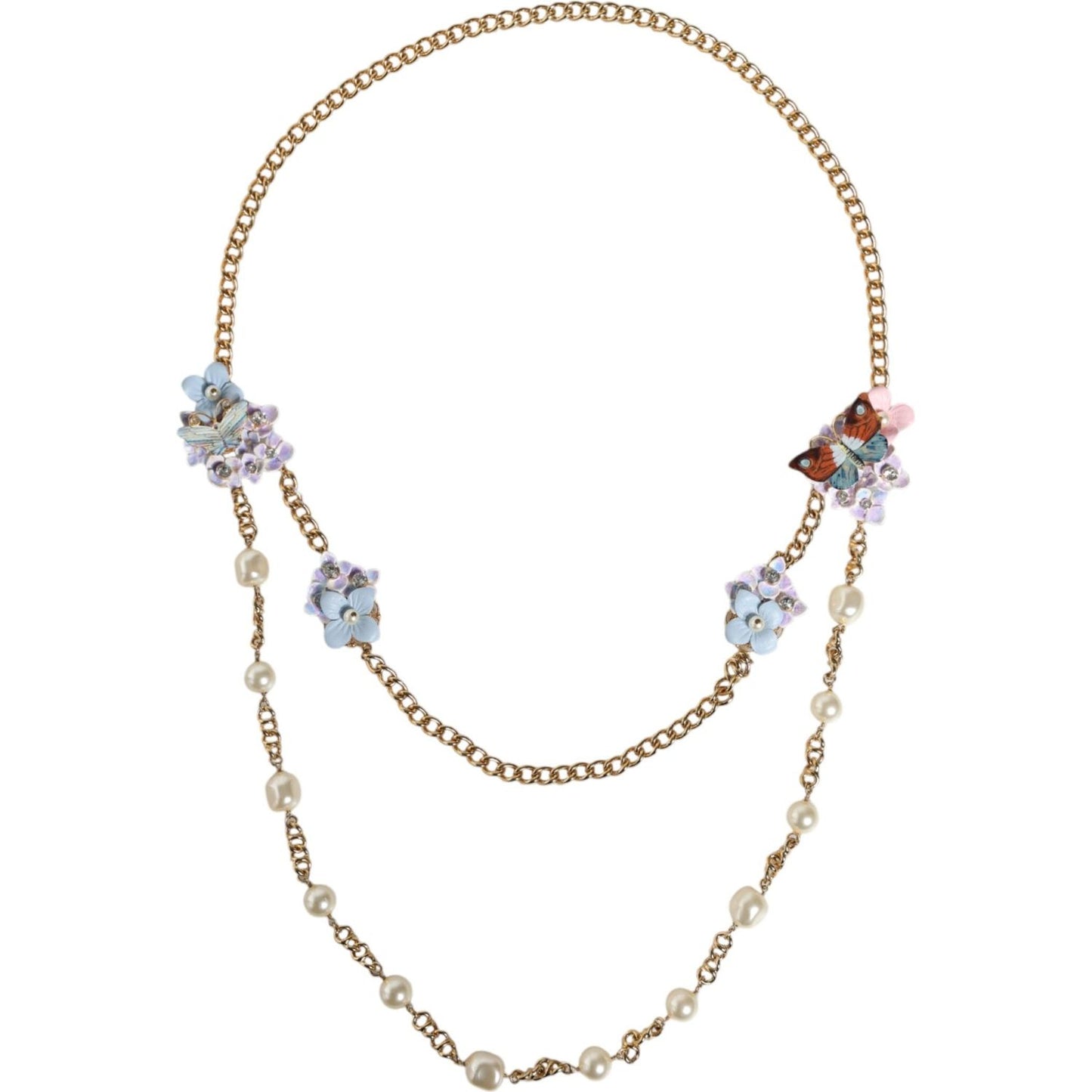 Dolce & Gabbana Gold Chain Brass Floral Layered Crystal Pearl Necklace SMY10355