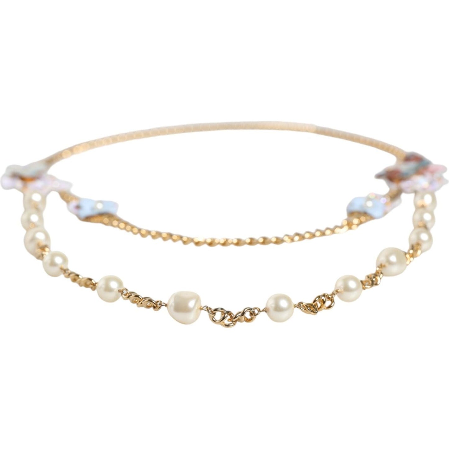 Dolce & Gabbana Gold Chain Brass Floral Layered Crystal Pearl Necklace SMY10355