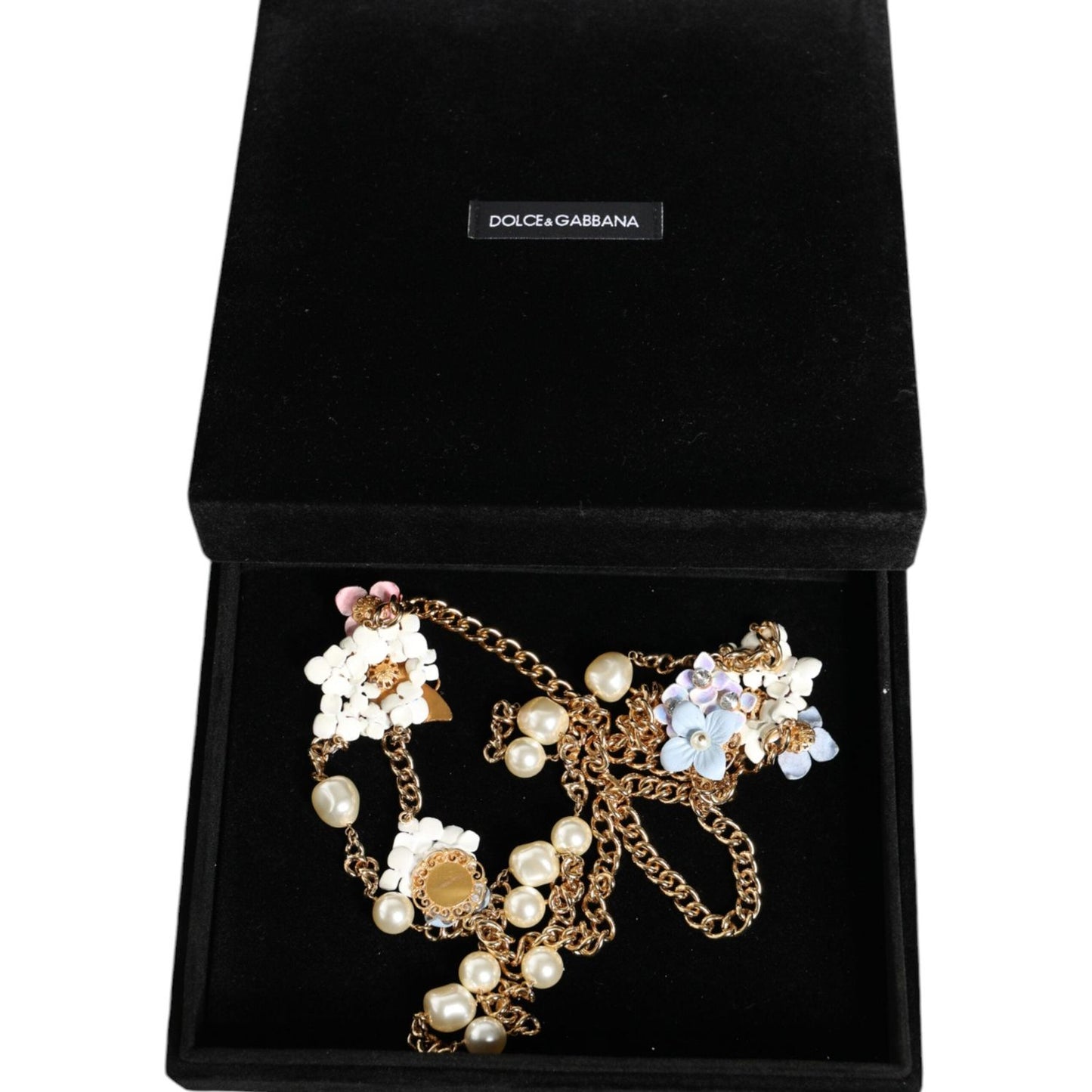 Dolce & Gabbana Gold Chain Brass Floral Layered Crystal Pearl Necklace SMY10355