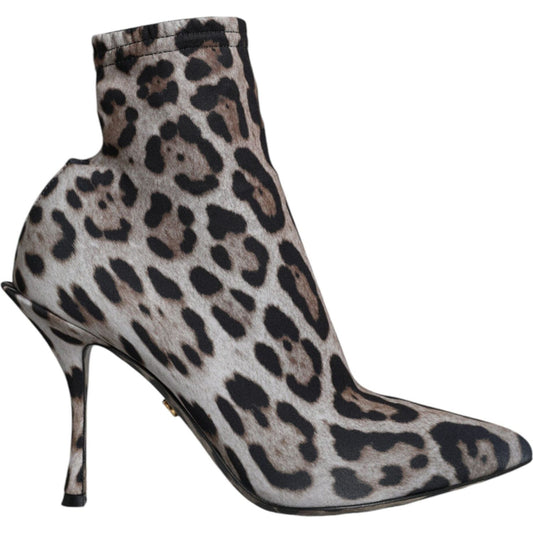 Dolce & Gabbana Gray Leopard Stretch Heels Ankle Boots Shoes LA11492-37