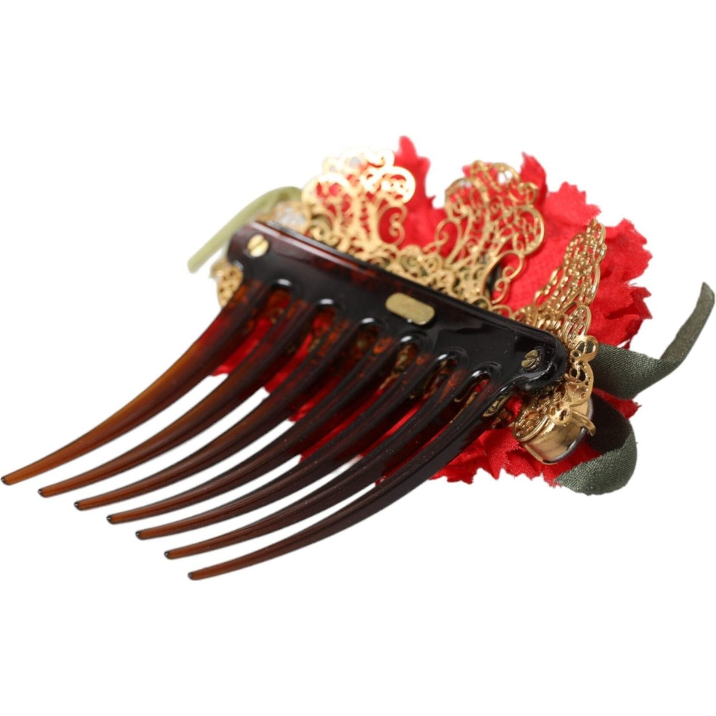Dolce & Gabbana Red Silk Floral Gold Brass Women Hair Comb SMY10337