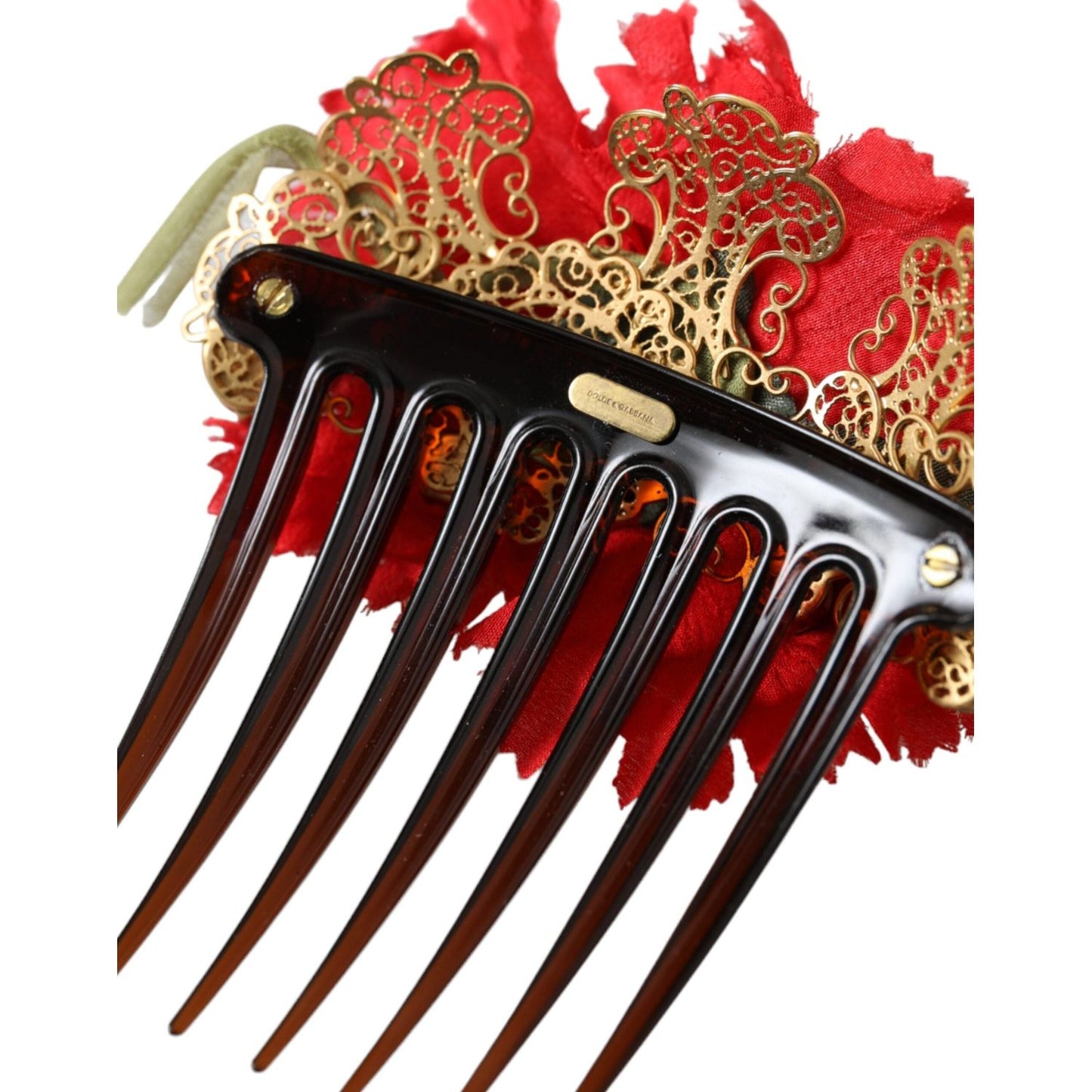 Dolce & Gabbana Red Silk Floral Gold Brass Women Hair Comb SMY10337