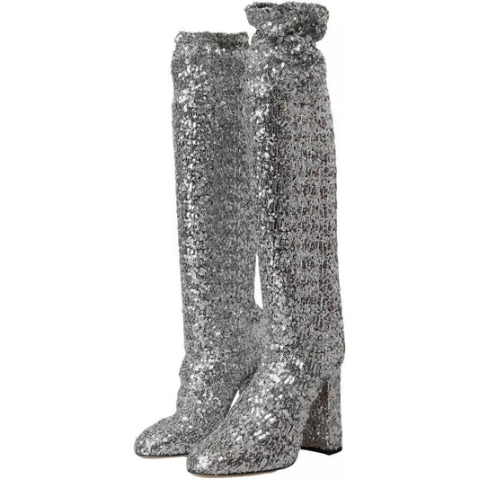 Dolce & Gabbana Silver Sequined High Boots Stretch Shoes LA10943-39