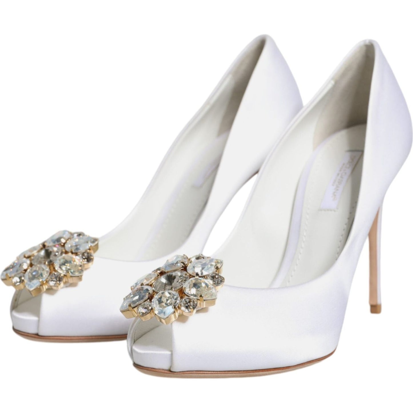 Dolce & Gabbana White Crystals Peep Toe Satin Pumps Shoes LA11803-35.5