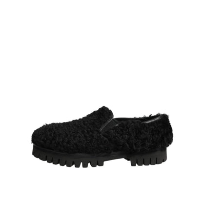 Dolce & Gabbana Dress Black Fur Leather Slippers Men Shoes