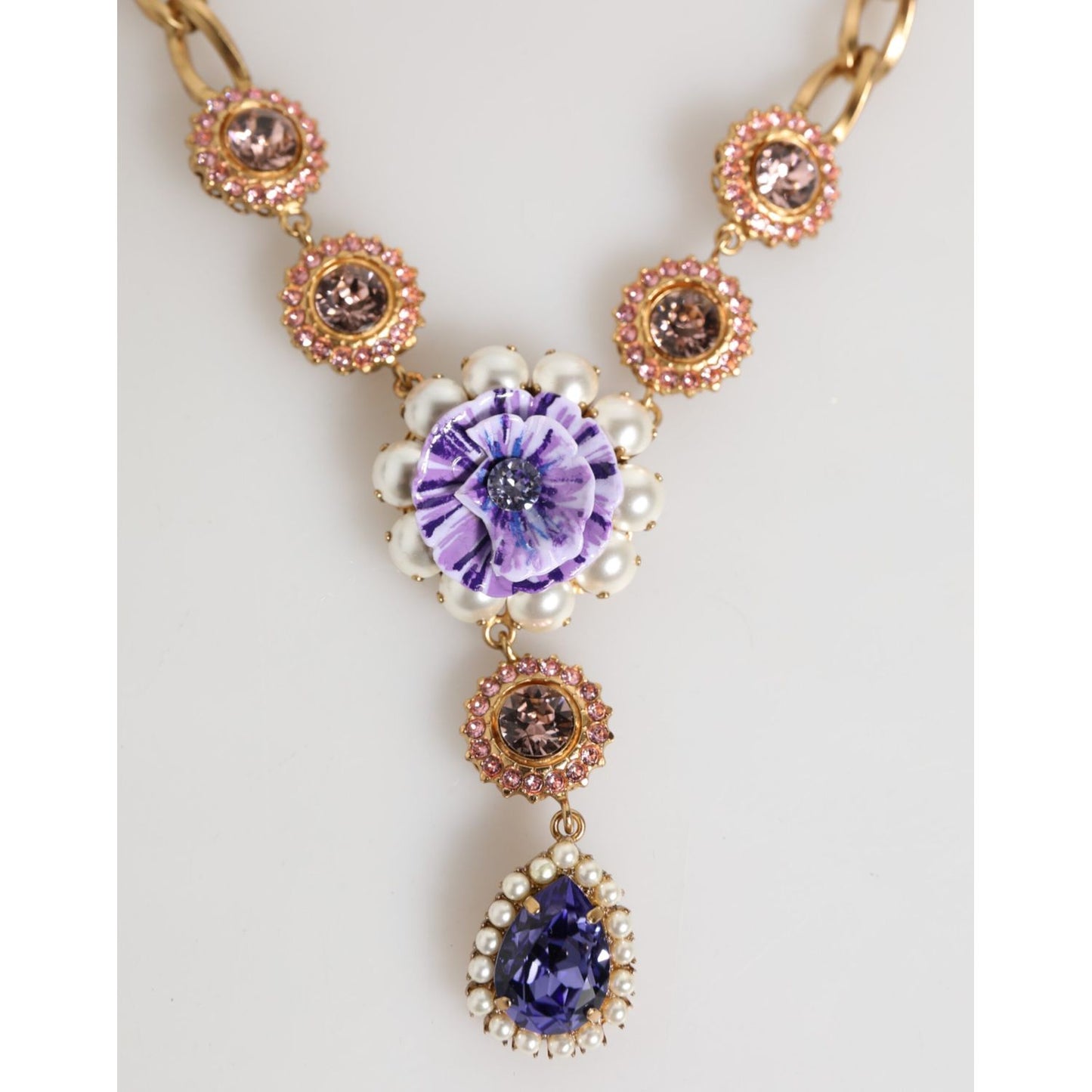Dolce & Gabbana Gold Brass Crystal Pearl Purple Floral Pendant Jewelry Necklace