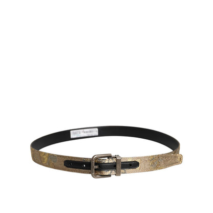 Dolce & Gabbana Gold Leather Jacquard Silver Metal Buckle Belt