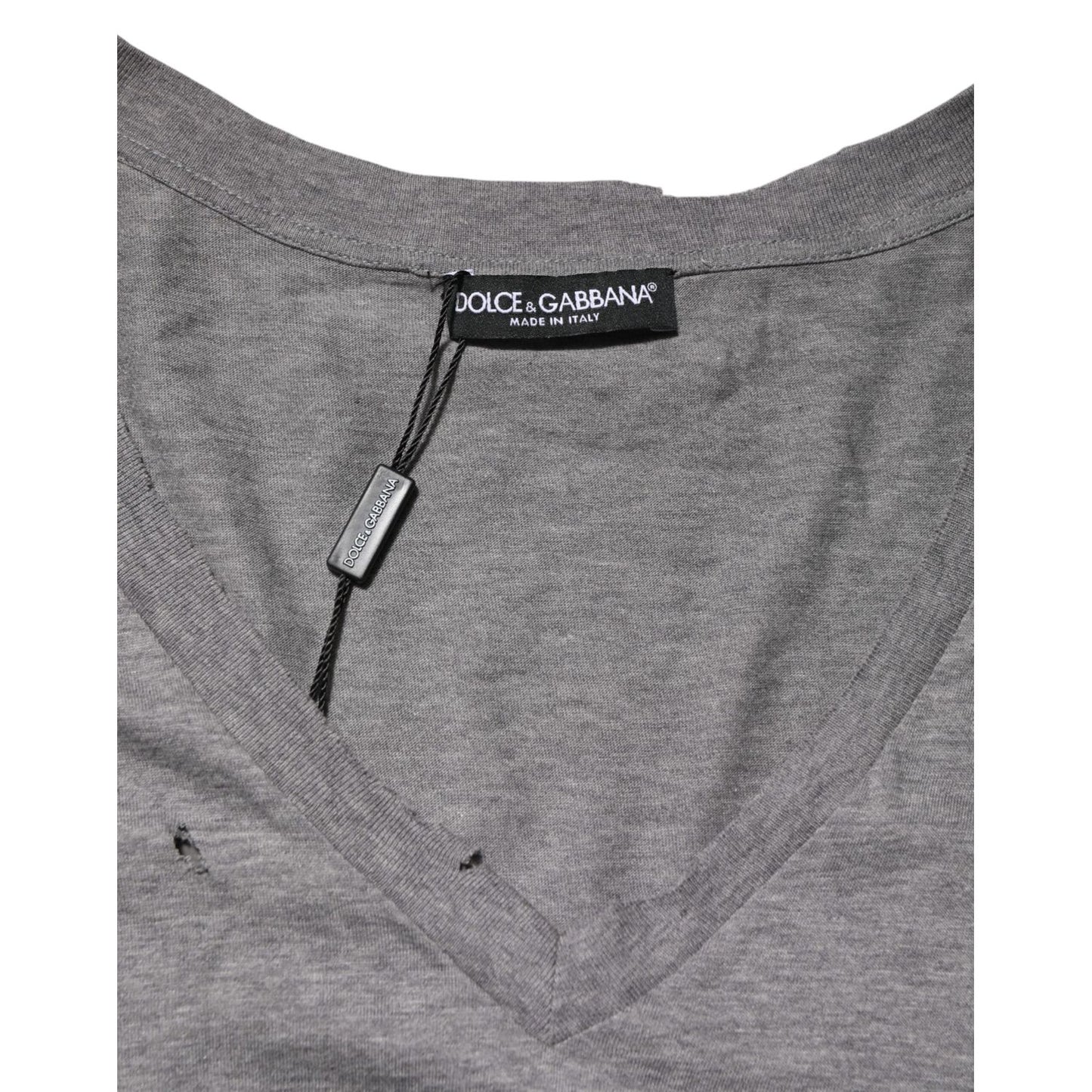 Dolce & Gabbana Gray Cotton Tattered Logo Patch Men T-shirt