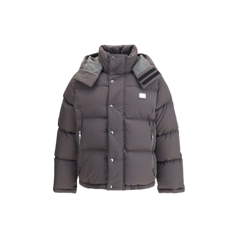 Dolce & Gabbana Gray Padded Down Jacket Polyester Coat with removable hood and zippered pockets for AW25.