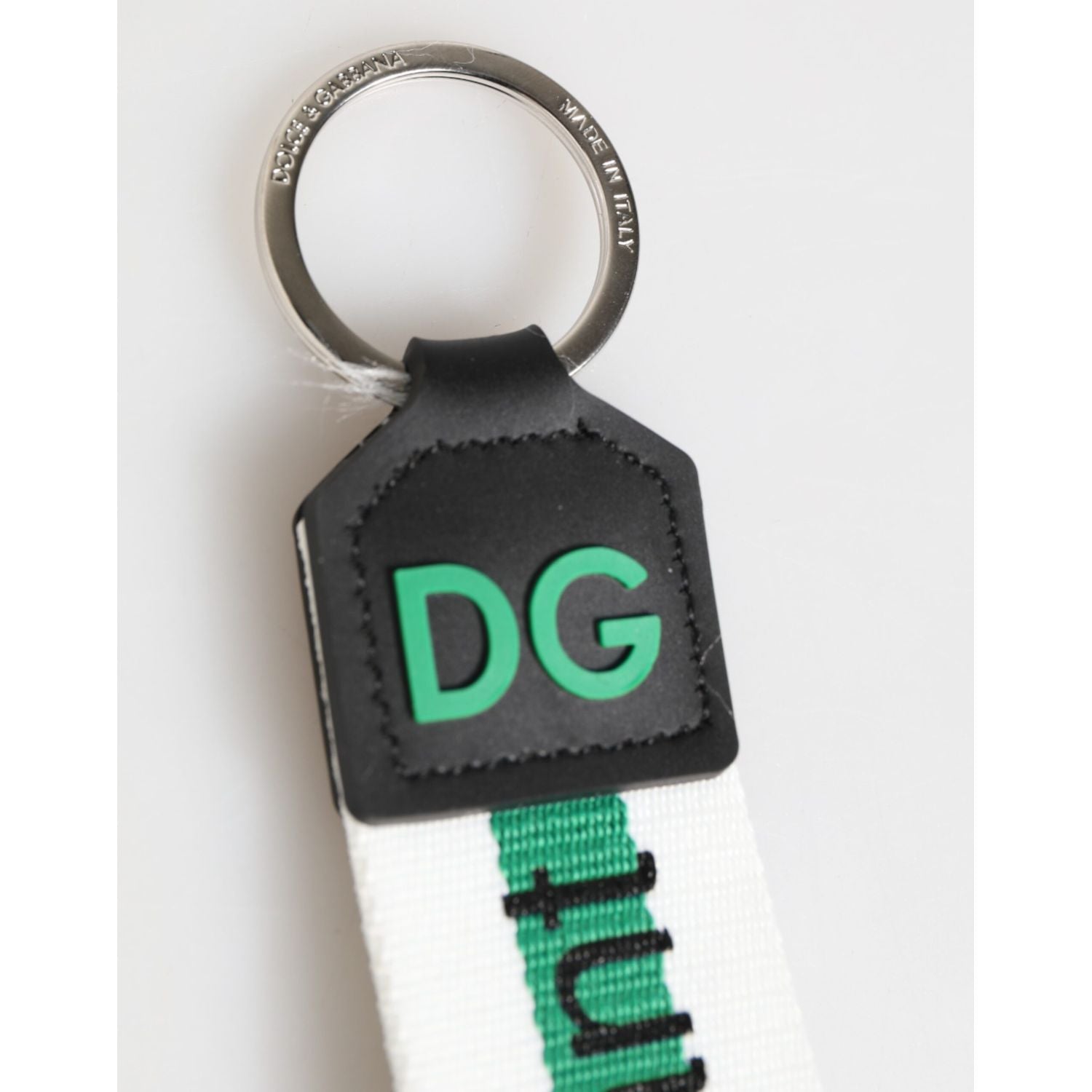 Dolce & Gabbana Green Logo Polyester Silver Brass Holder Keychain Keyring
