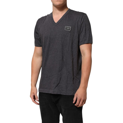 Dolce & Gabbana Grey Cotton V-Neck Logo Plaque Melange T-Shirt