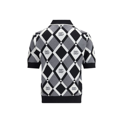 Dolce & Gabbana Multicolor Fleece Wool Polo Shirt with diamond pattern and logos, featuring classic collar and ribbed hem, back view.