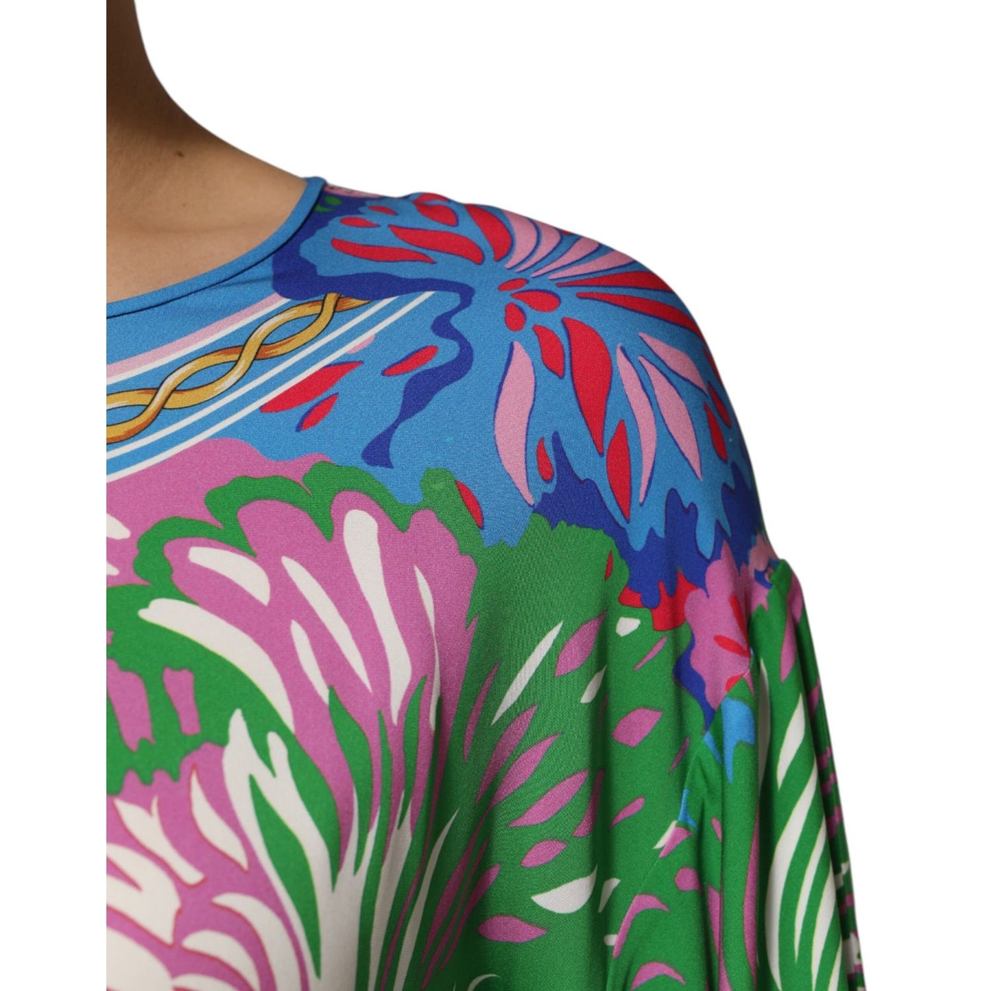Dolce & Gabbana Multicolor Floral Printed Tunic Blouse Top close-up, showcasing vibrant floral patterns and lightweight fabric.