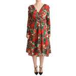 Dolce & Gabbana Multicolor Portofino-Print Shift Dress with red and green floral pattern, V-neck, long sleeves, made of silk.
