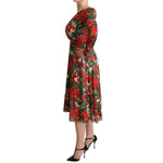 Dolce & Gabbana Multicolor Portofino-Print Shift Dress with red floral silk, long sleeves, V-neck, zipper, and tie-up detail.