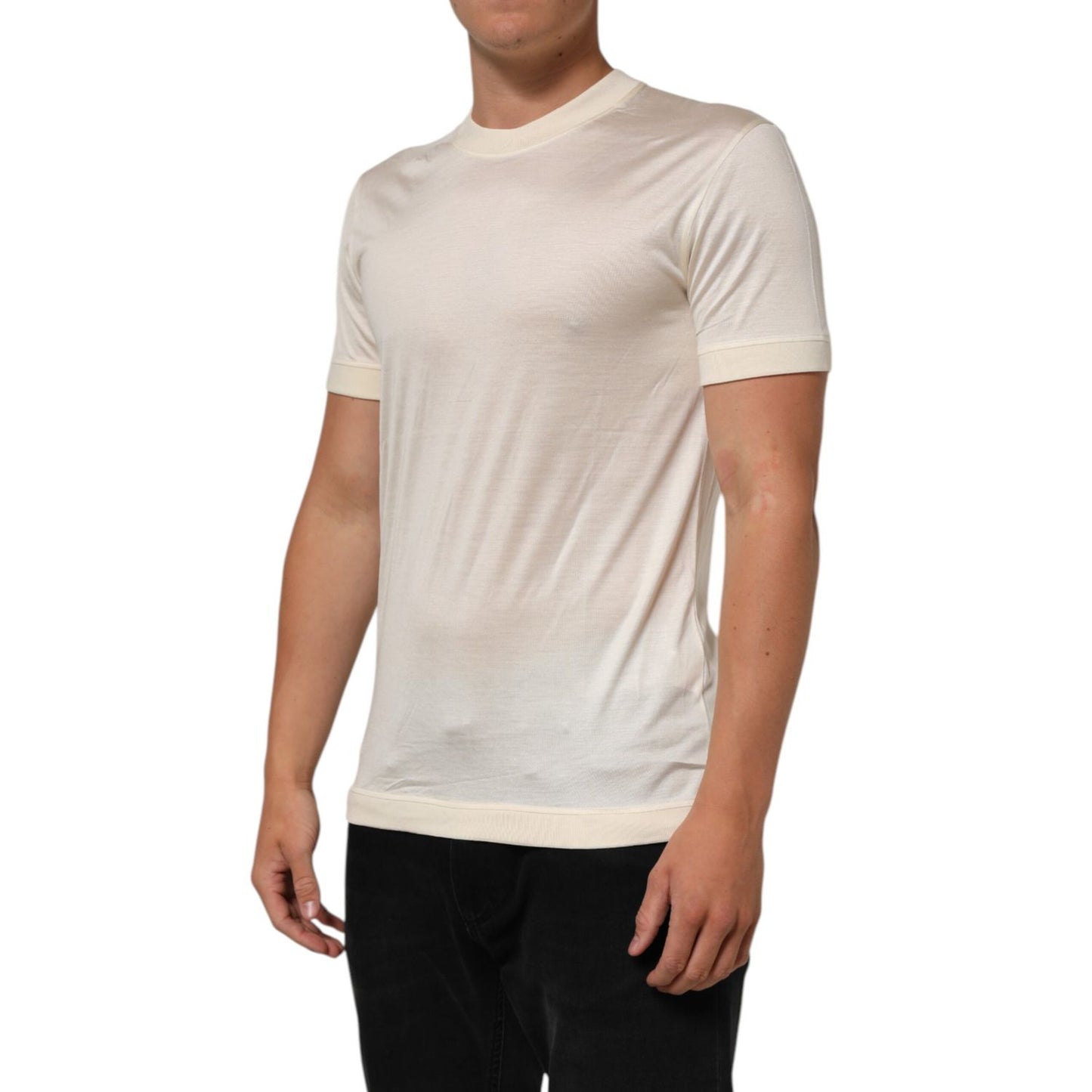 Dolce & Gabbana Off White Silk Crew Neck Short Sleeve T-shirt for men, luxury Italian design.
