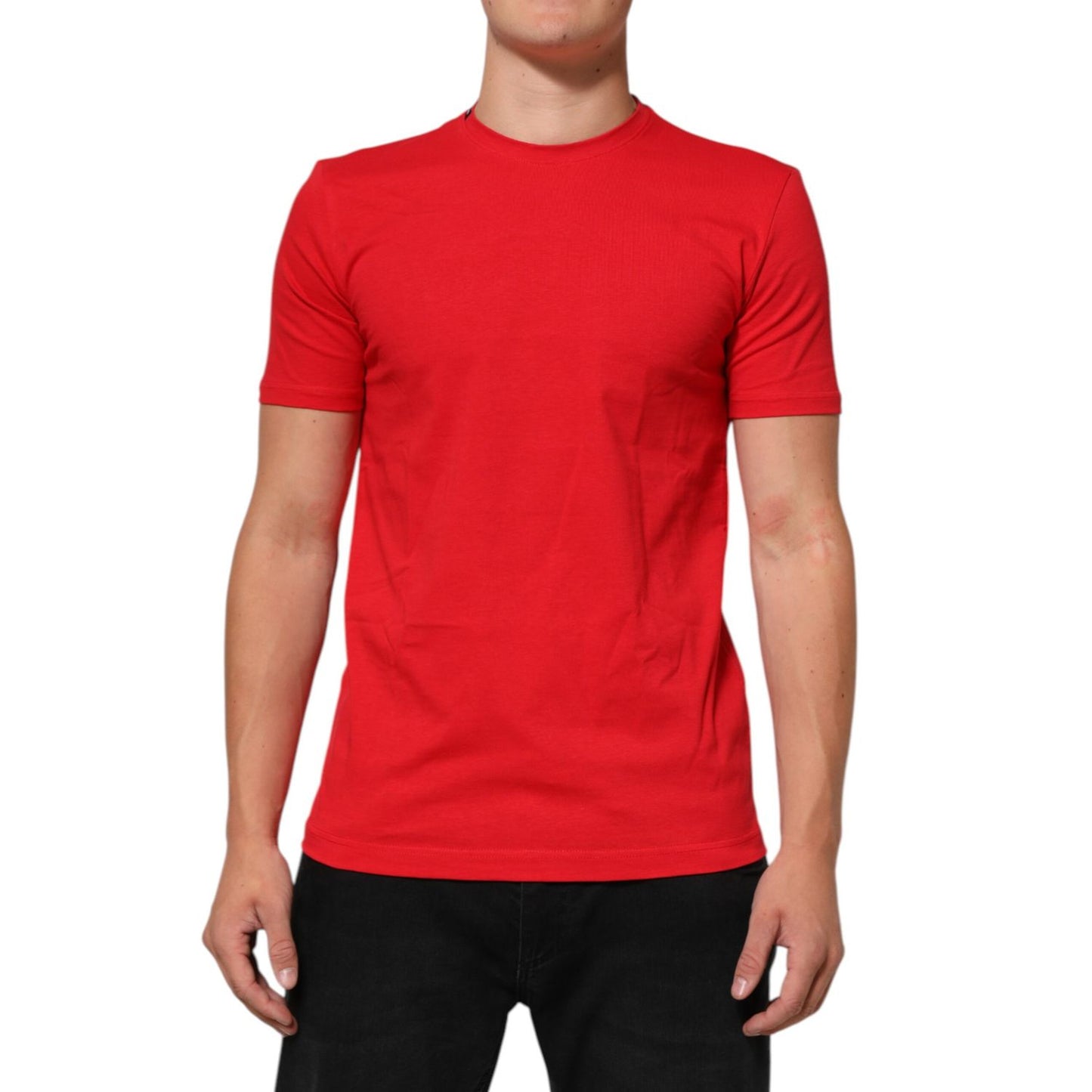 Dolce & Gabbana Red Goodluck 2023 Cotton Crew Neck T-shirt, short sleeves, regular fit, model wearing vibrant red, front view.