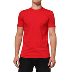 Dolce & Gabbana Red Goodluck 2023 Cotton Crew Neck T-shirt, short sleeves, regular fit, model wearing vibrant red, front view.