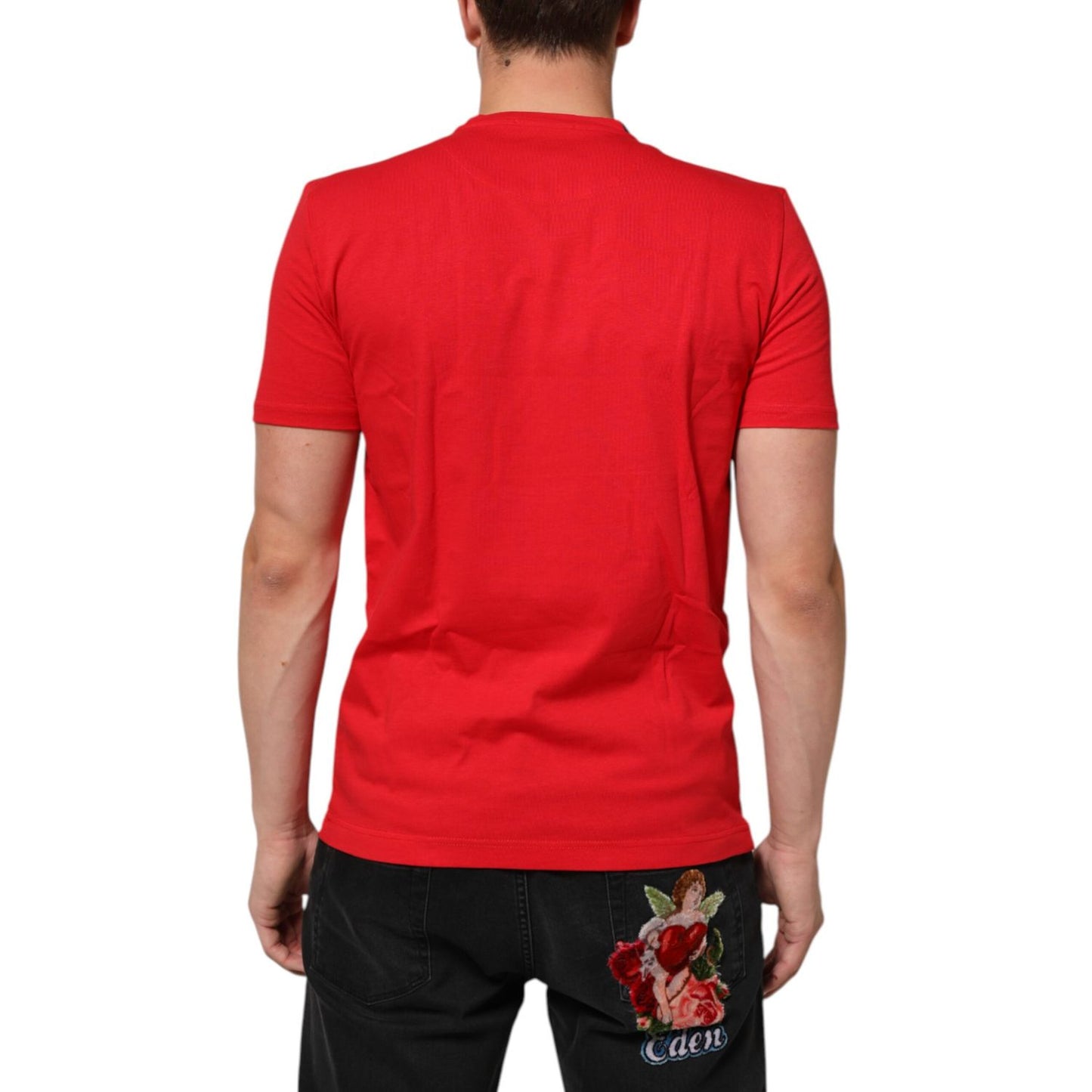 Back view of Dolce & Gabbana Red Goodluck 2023 Cotton Crew Neck T-shirt worn by model, featuring comfortable short sleeves.