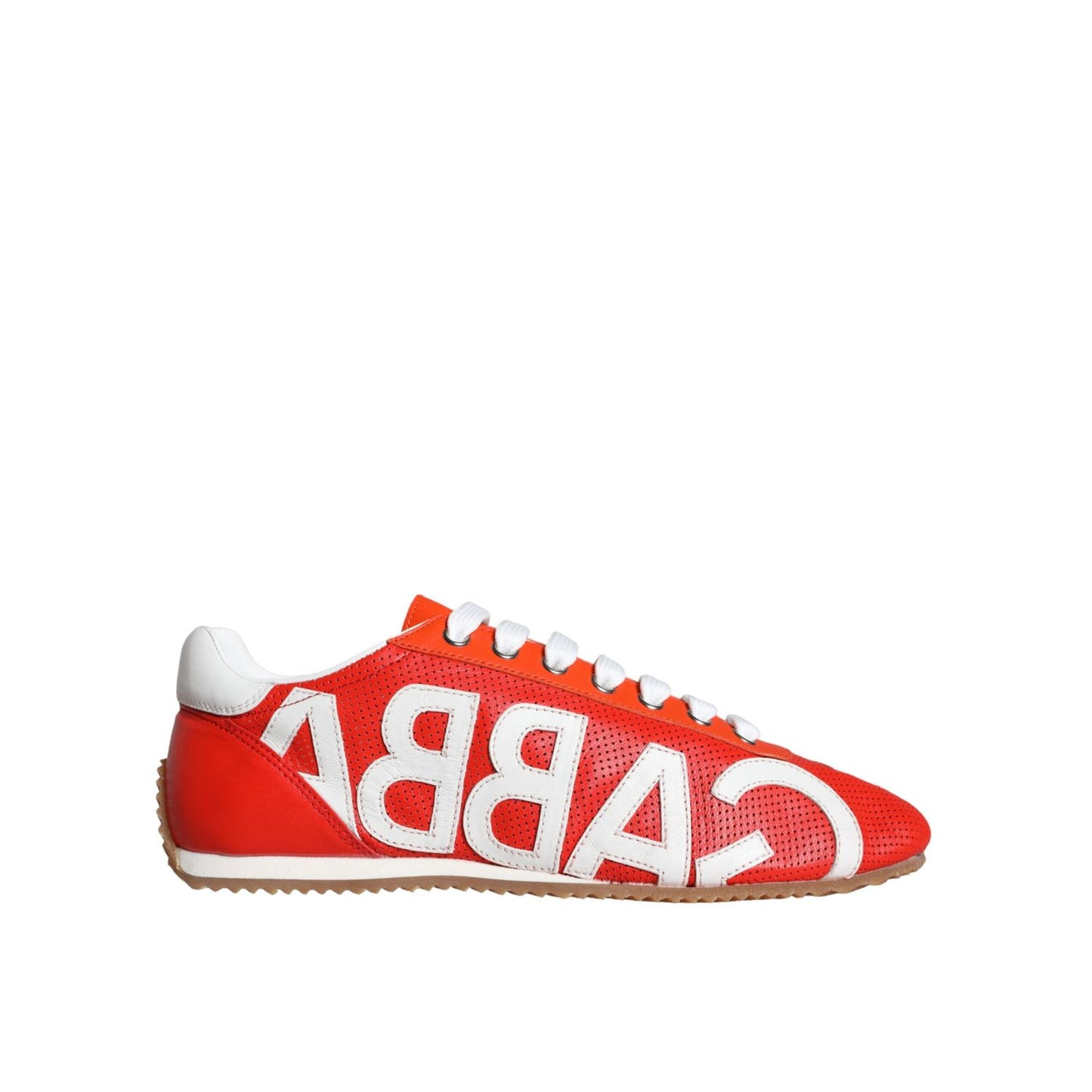 Dolce & Gabbana Red White Leather Logo Casual Sneakers Shoes, multicolor low-top with rubber sole, side view displaying brand logo.