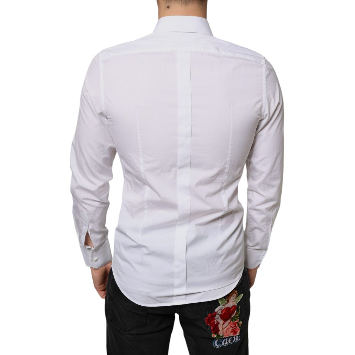 Back view of Dolce & Gabbana White Bib Cotton Poplin Formal Dress Shirt on model, showcasing slim fit and elegant Italian craftsmanship.