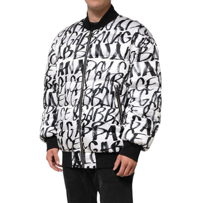 Dolce & Gabbana White Black Graffiti Logo Puffer Bomber Jacket