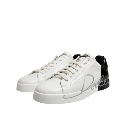 Dolce & Gabbana White Black Logo Low Top Leather Sneakers Shoes