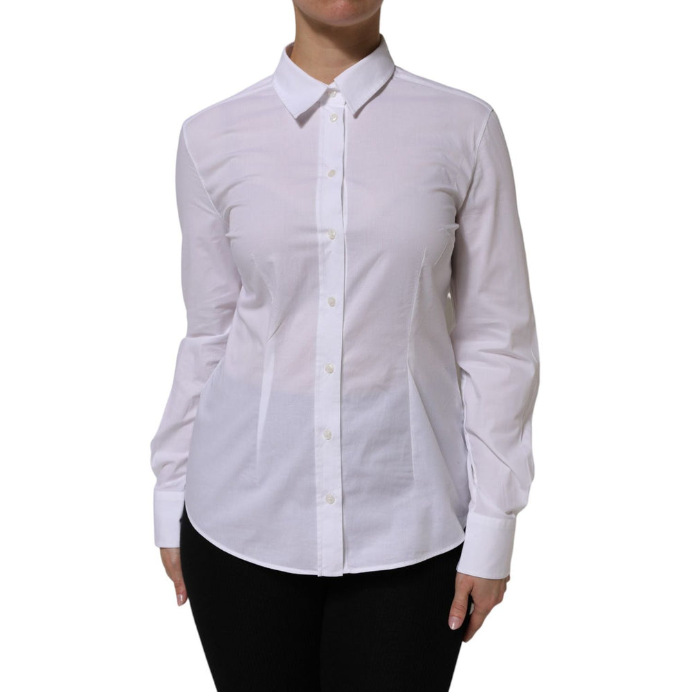 Dolce & Gabbana White Cotton Collared Dress Formal Shirt Top, structured silhouette, long sleeves, Italian elegance.