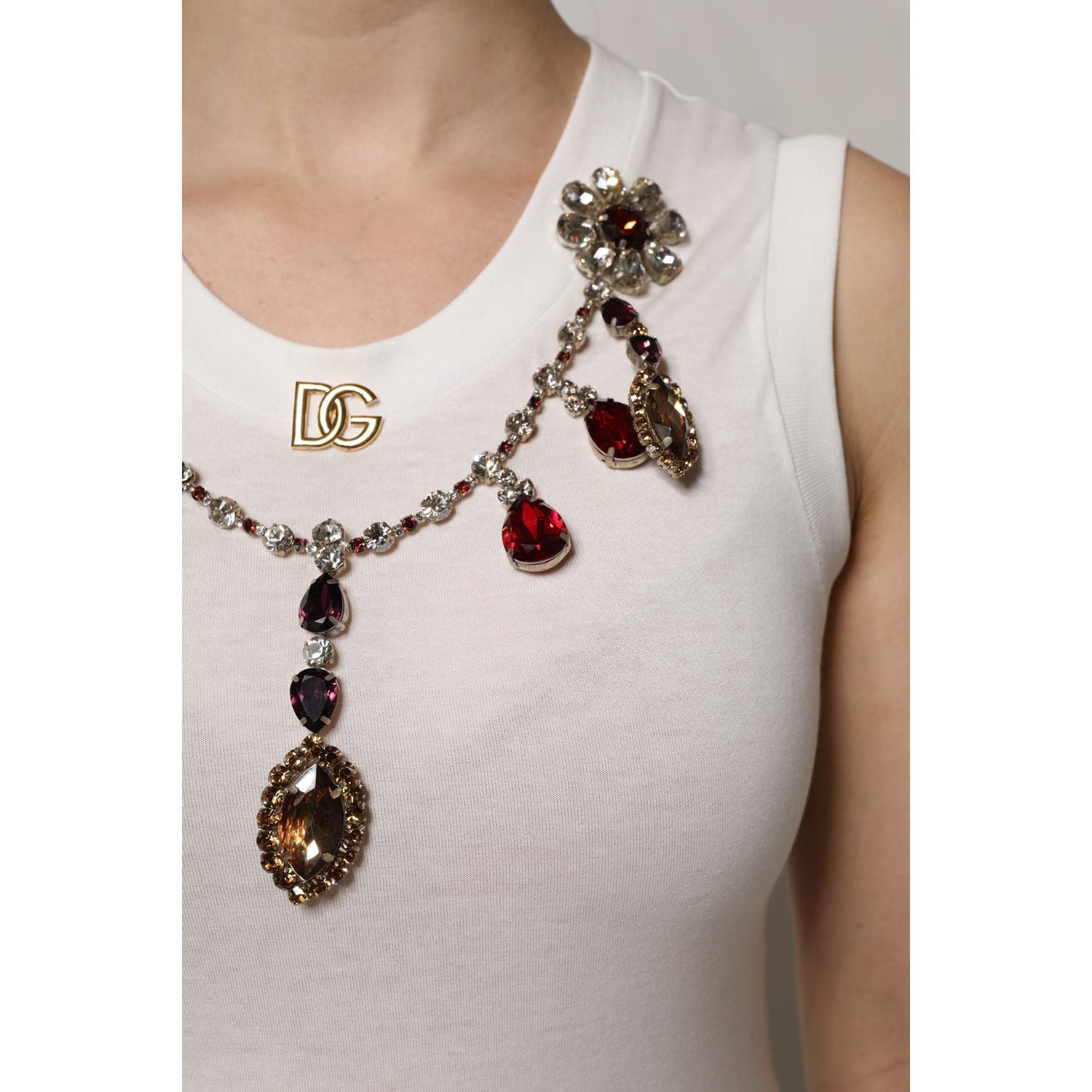 Dolce & Gabbana White Cotton Logo Crystal Detailing Tank Top