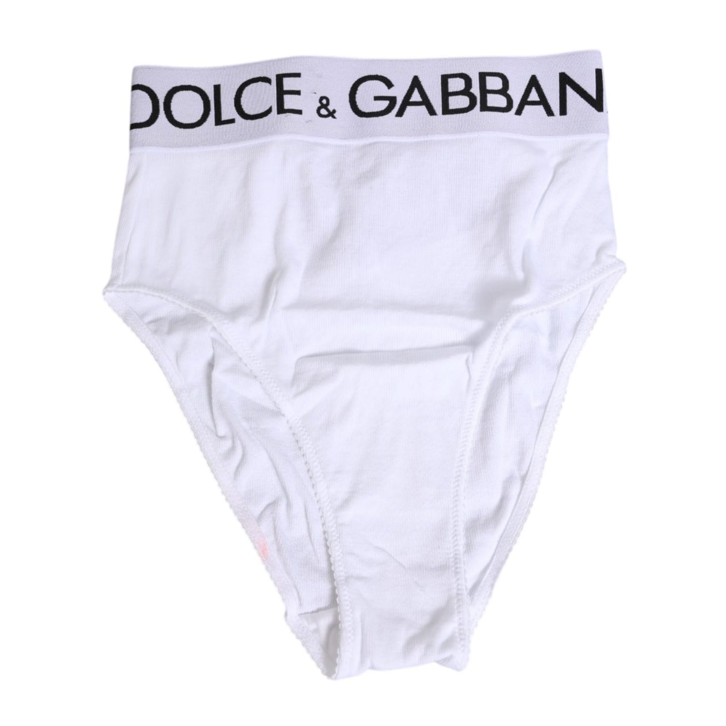 Dolce & Gabbana White Cotton Stretch High Waist Panty Underwear with logo, featuring soft breathable material and minor defects.