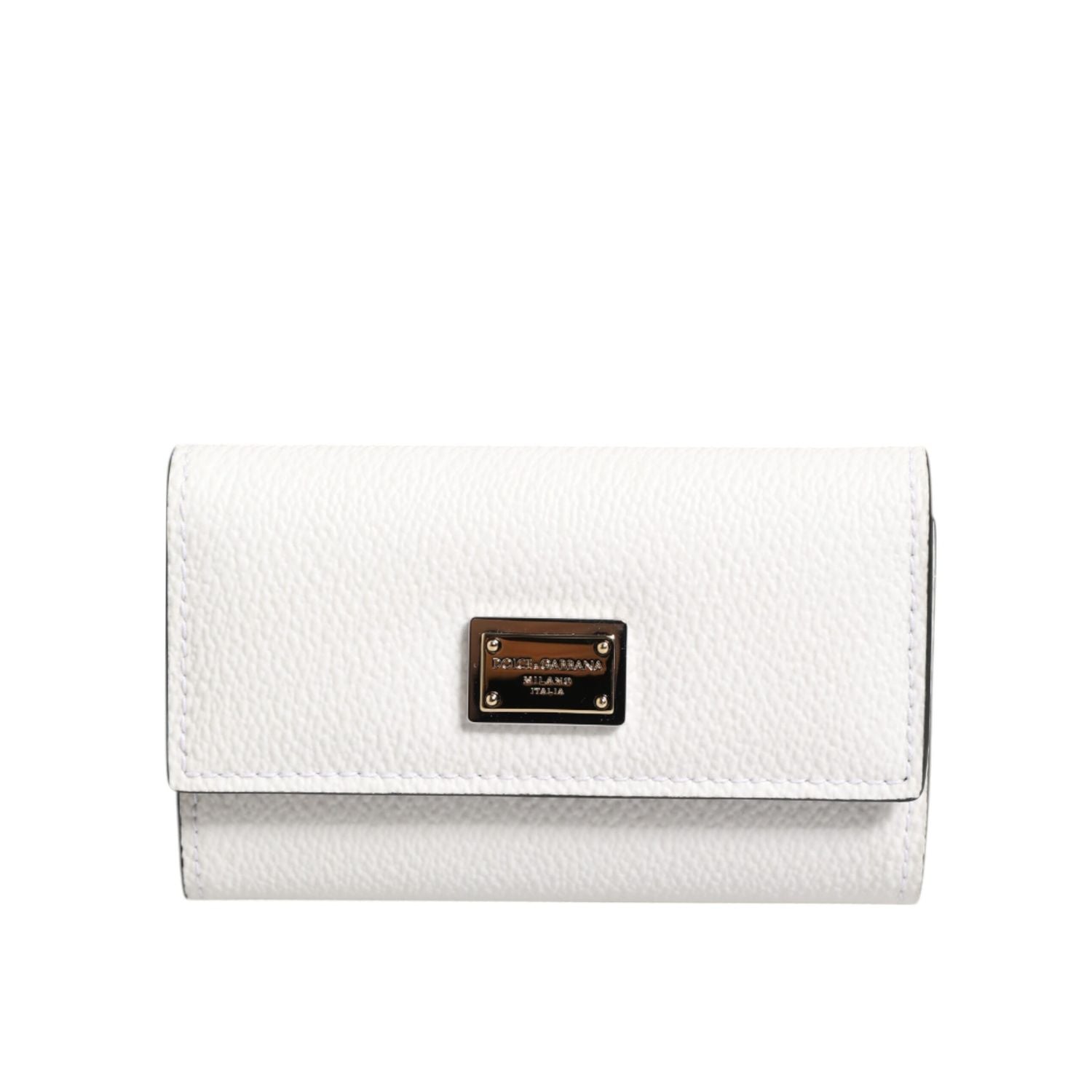 Dolce & Gabbana White Leather Card Case Holder Wallet Gold Logo Plate  Key Holder