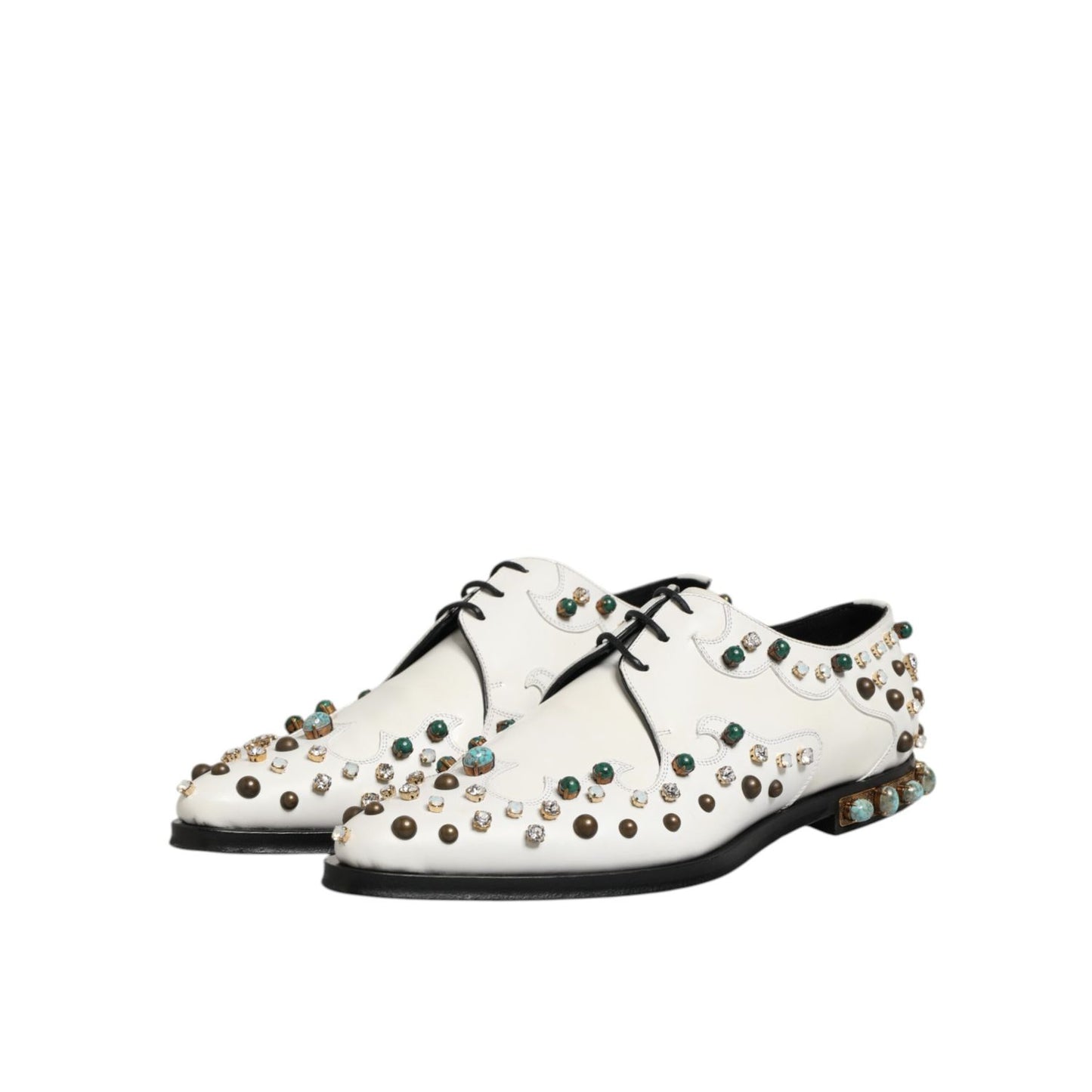 Dolce & Gabbana White Leather Crystals Embellished Derby Shoes