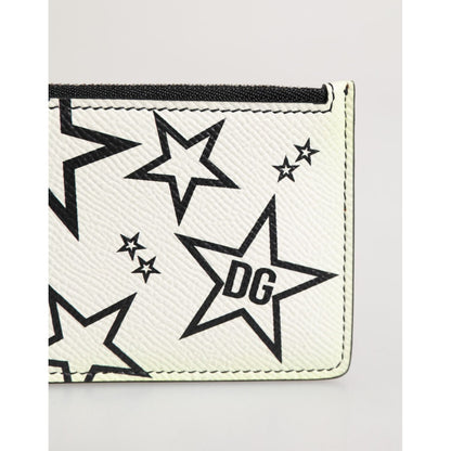Dolce & Gabbana White Leather Douphin DG Logo Star Print Card Holder Wallet