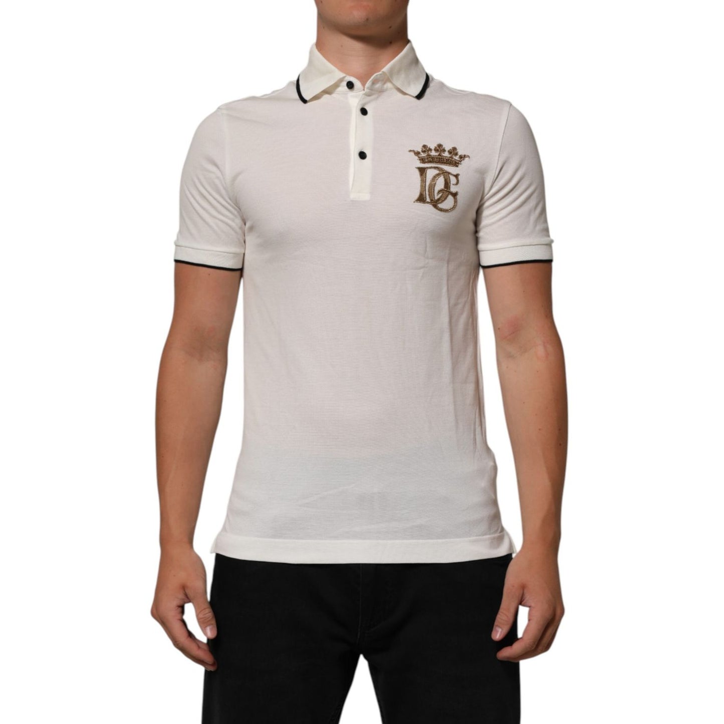 Dolce & Gabbana White Logo Embroidery Cotton Polo T-shirt with short sleeves and embroidered logo, ideal for smart-casual style.