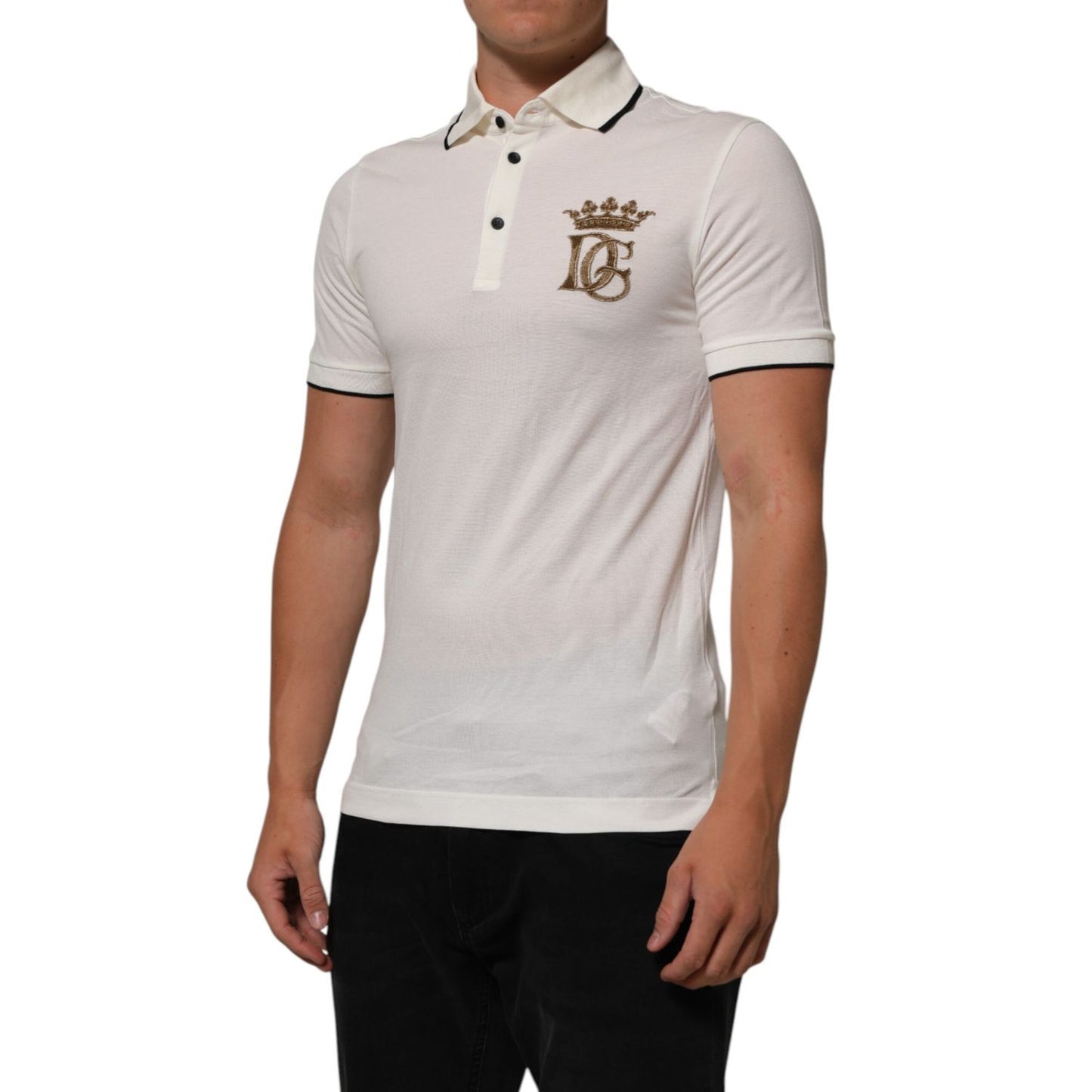 Dolce & Gabbana White Logo Embroidery Cotton Polo T-shirt featuring classic collared design on male model, elegant casual wear.
