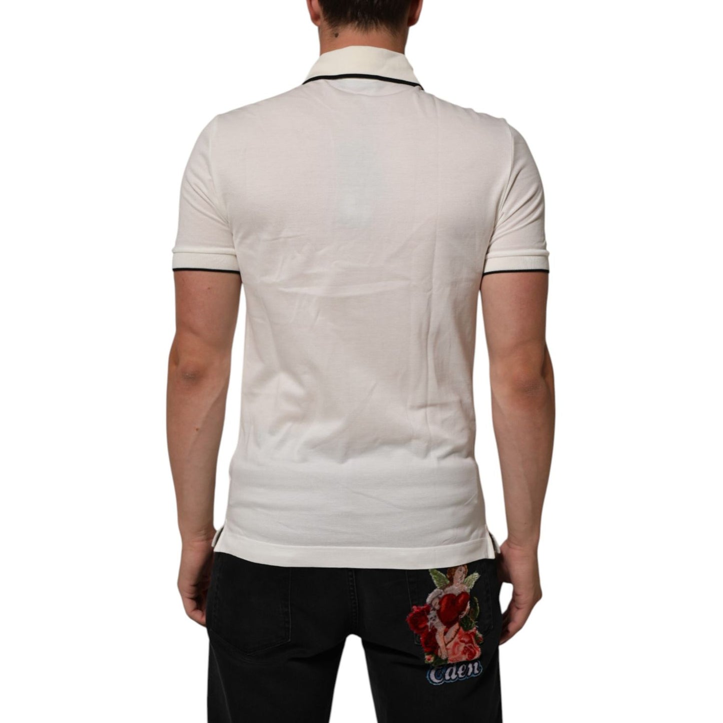 Back view of Dolce & Gabbana White Logo Embroidery Cotton Polo T-shirt on male model