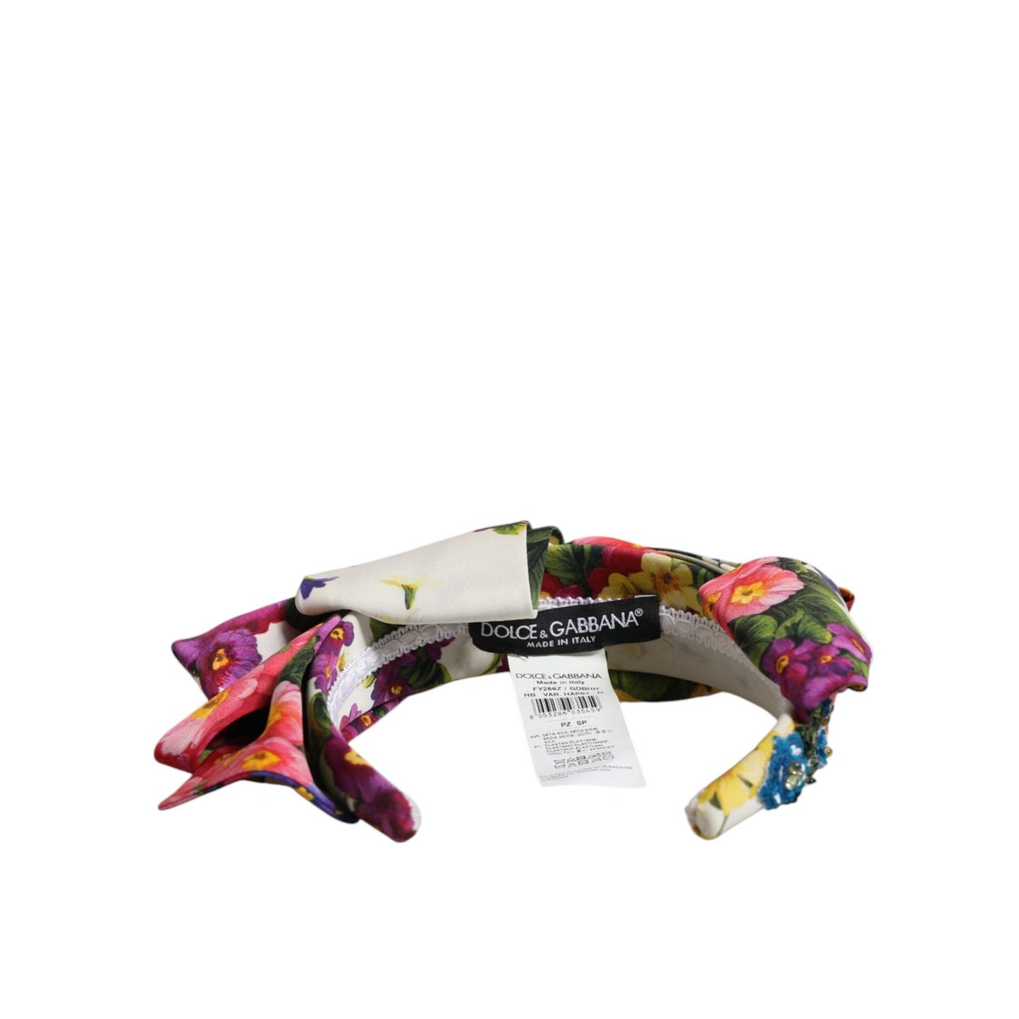 Dolce & Gabbana White Multicolor Floral Silk Bow Crystal Embellished Headband