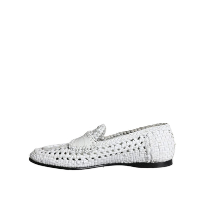 Dolce & Gabbana White Woven Leather Slip On Loafers Men Shoes with leather details and logo, showcasing high craftsmanship, side view.
