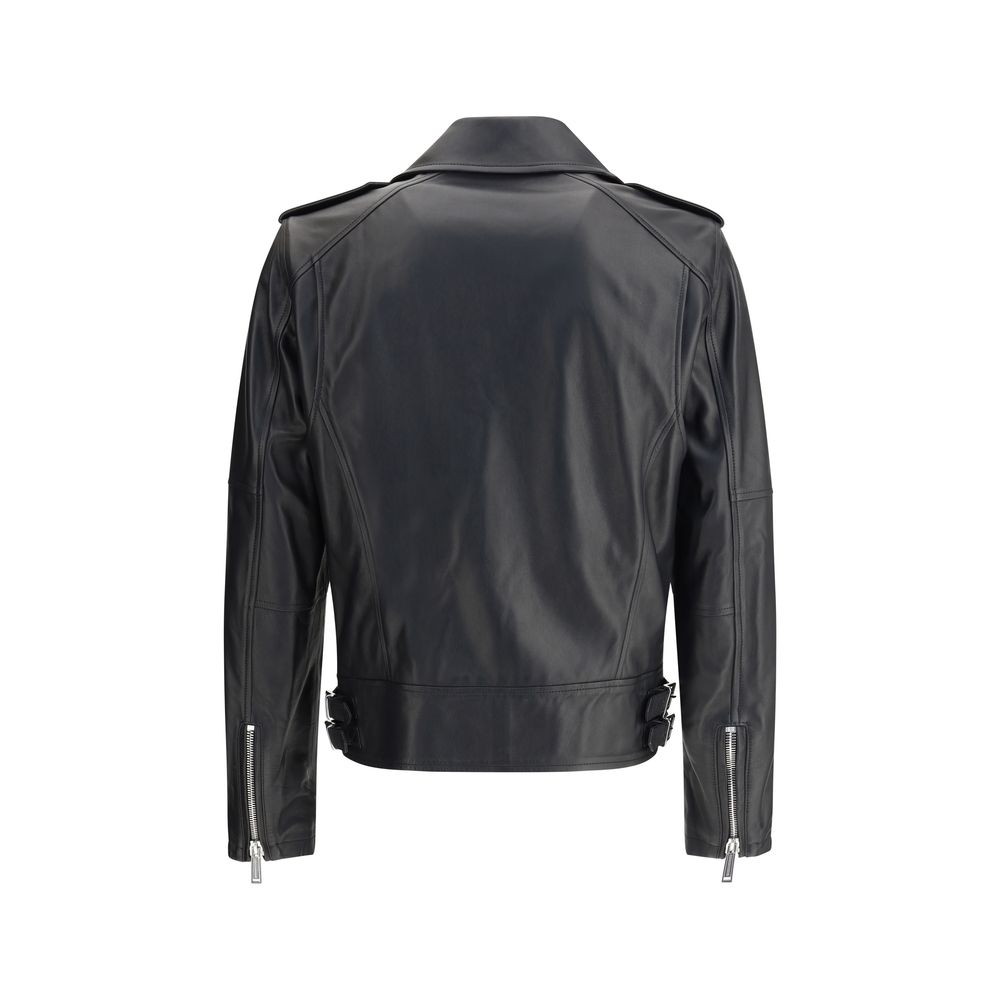 Back view of Dsquared² Black Calf Leather Bos Taurus Biker Jacket with lapel collar and zippered sleeve detailing