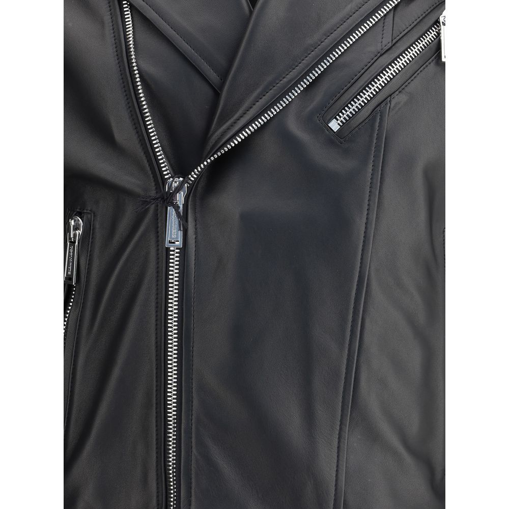Close-up of Dsquared² Black Calf Leather Bos Taurus Biker Jacket showing double-slider zipper and lapel collar.