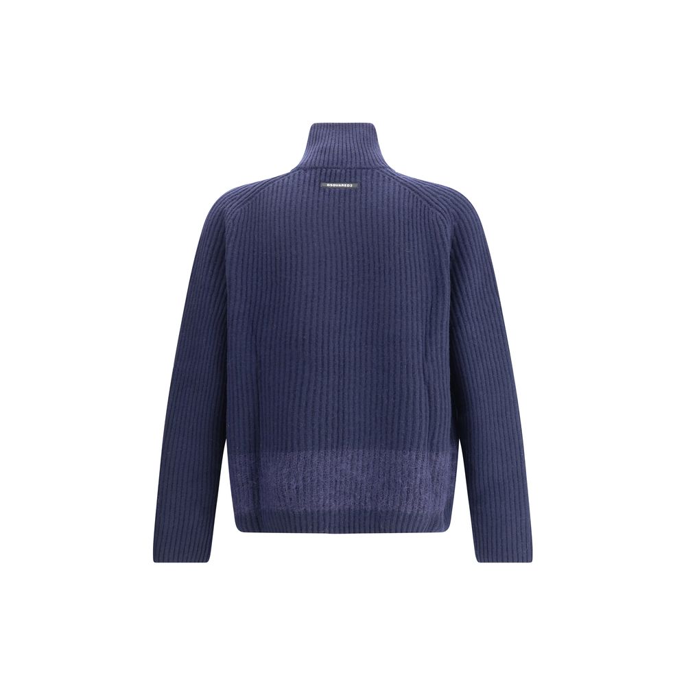 Rear view of Dsquared² Blue Wool Cardigan showcasing ribbed knit design and high collar with mohair band detail.