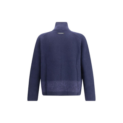 Rear view of Dsquared² Blue Wool Cardigan showcasing ribbed knit design and high collar with mohair band detail.