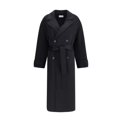 Dynamis Studio Black Wool Coat, double-breasted with classic lapels, built-in belt, 100% wool, versatile for any occasion.