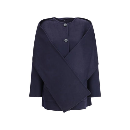 Dynamis Studio Blue Wool Coat with removable scarf panel, crew neck, button closure, and front pockets. Oversize fit, 100% wool.