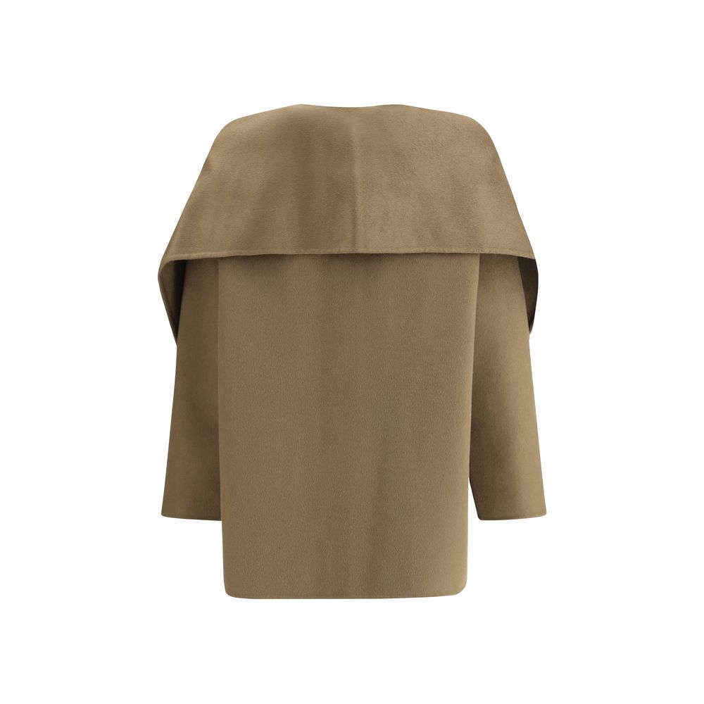Back view of Dynamis Studio Brown Wool Coat with removable scarf panel, button closure, and pockets, showcasing its elegant design.