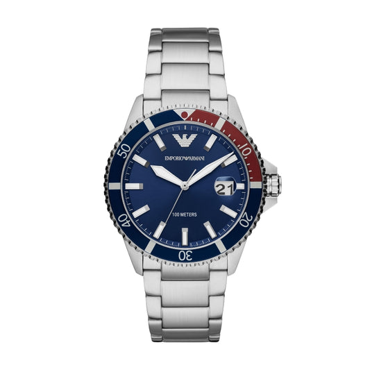 EMPORIO ARMANI MOD. AR11339 stainless steel gent's wristwatch with blue dial and SS bracelet, quartz movement, water-resistant 10 ATM.